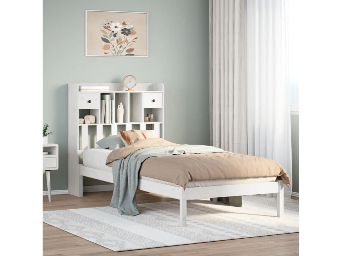 Vidaxl Cama Com Estante Sem Colchão 75x190 Cm Pinho Maciço Branco