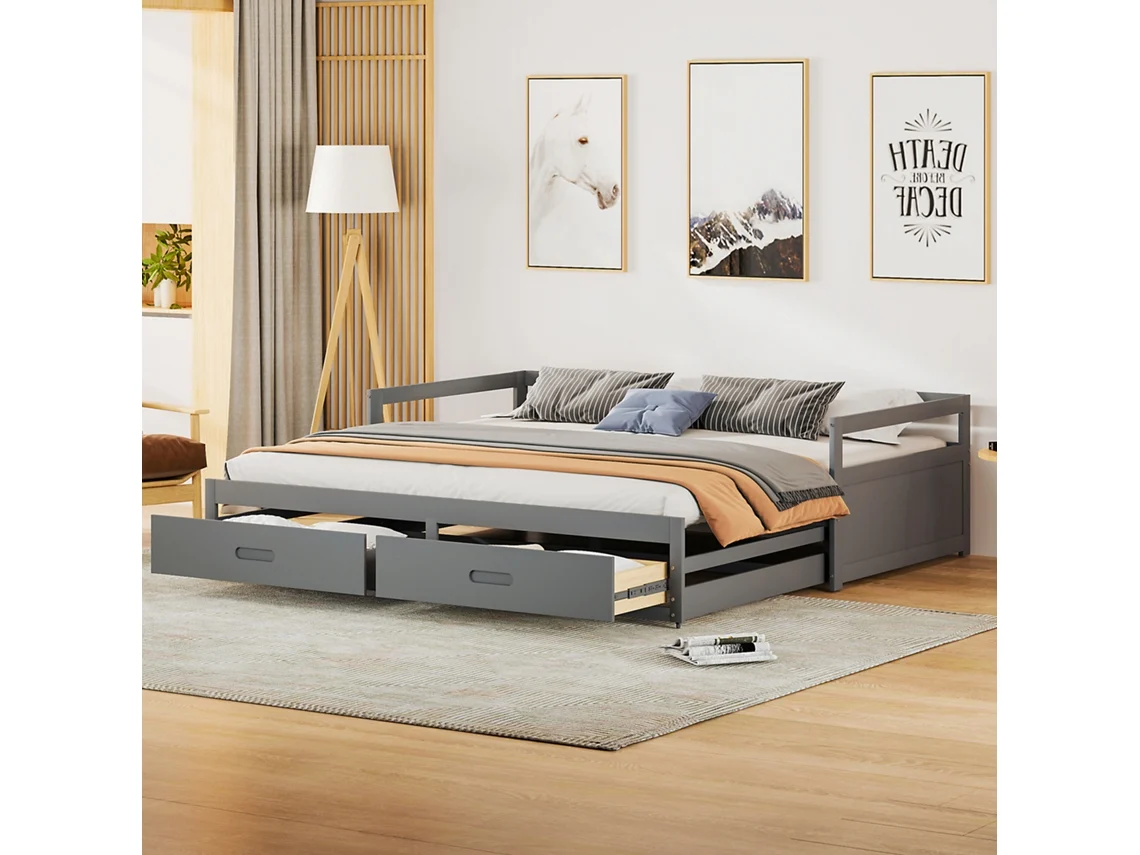 Sofá Cama Retrátil 90/180x200cm Cinza Com Gavetas E Prateleiras De Pinho