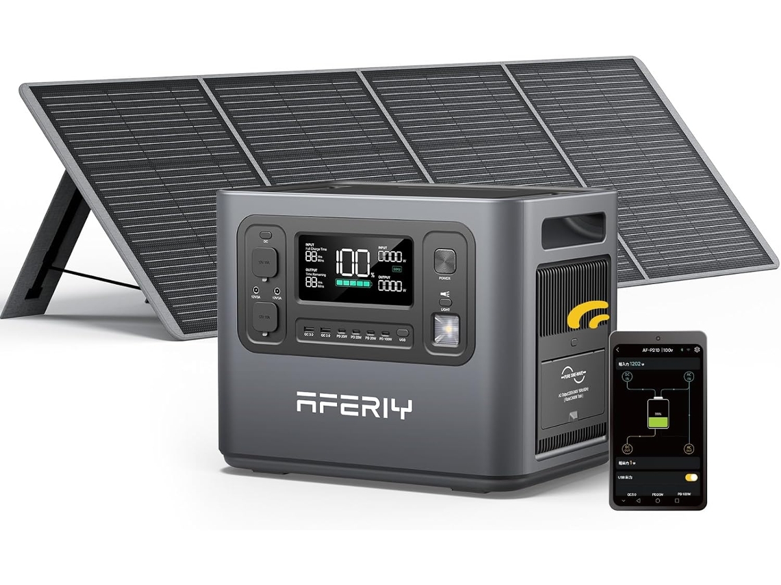 AFERIY Estação de Energia 2400W 2048Wh com Painel Solar 200W, Bateria LiFePO4, 13 Saídas, UPS 10ms, Aplicativo BrightEMS