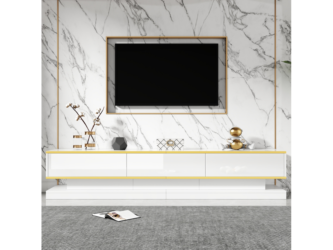 Conjunto De Móveis Para Tv Em Branco Lacado Móvel Para Tv Com 3 Gavetas, Mesa De Centro Com 2 Gavetas, Detalhes Dourados Para Sala De Estar Estilo