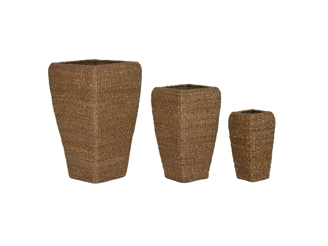 Conjunto de 3 Vasos de Metal com Acabamento em Capim marinho Natural, 40x40x70cm ALEXANDRA HOUSE LIVING
