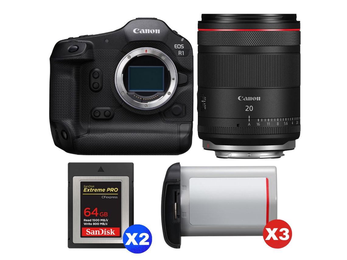 Eos R1 + Rf 20mm F/1.4 L Vcm + 2 Sandisk 64gb Extreme Pro Cfexpress Type B + 3 Canon Lp e19 + Ebook “20 Dicas para Fotos Que Impressionam” CANON