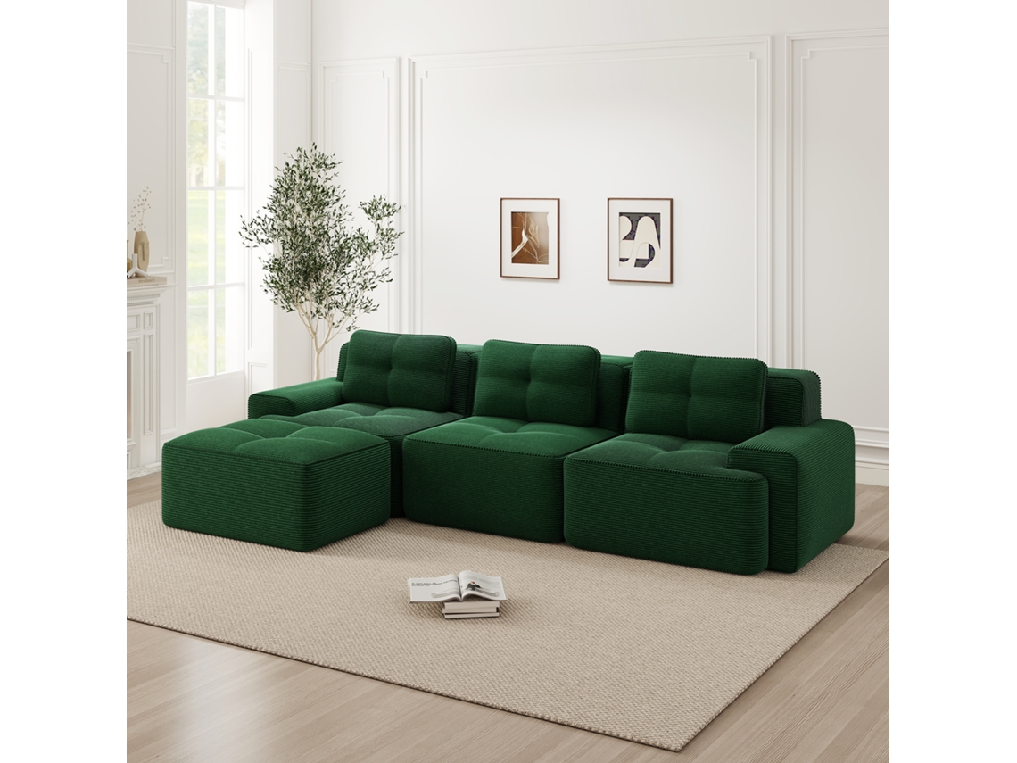Sofá Cloud Modular L Pufe Sem Estrutura Veludo Cotelê 3 Lugares Verde VOLTEDGE