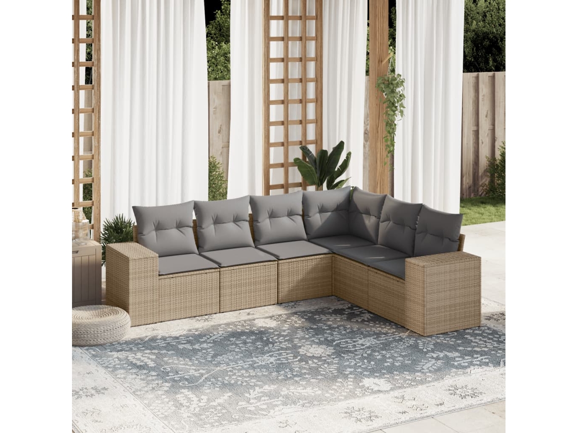 Vidaxl 6 Pcs Conjunto De Sofás P/ Jardim Com Almofadões Vime Pe Bege