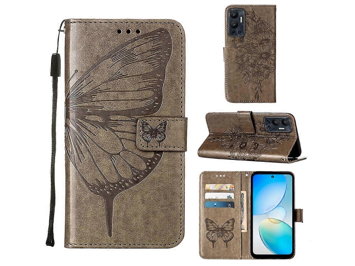 Capa De Couro Flip Com Estampa De Borboleta Em Relevo Para Infinix Hot 12 X6817