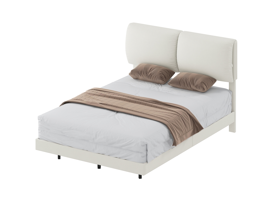 Cama de Casal 135x190cm, base metálica, cabeceira acolchoada, design flutuante, bege | S/MARCA