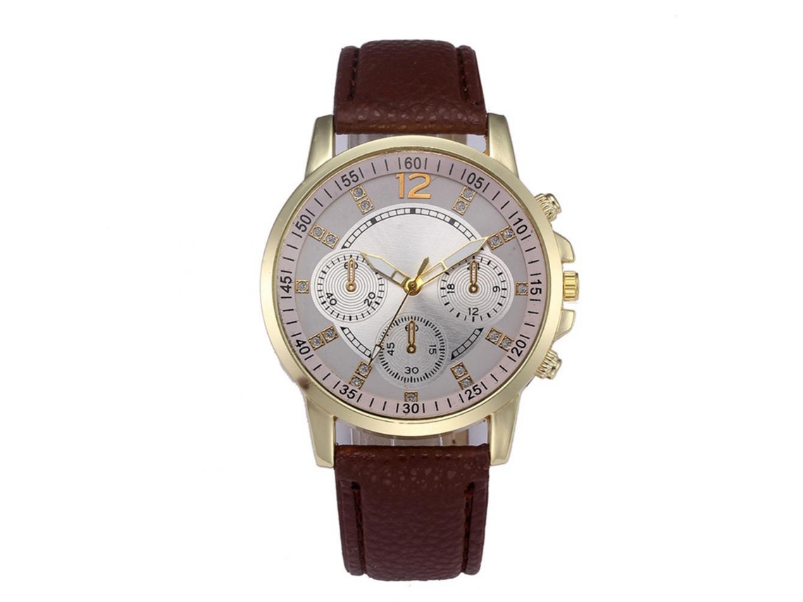 Relógio masculino de quartzo com pulseira de couro PU, moldura dourada, design de três mostradores, marrom moderno.