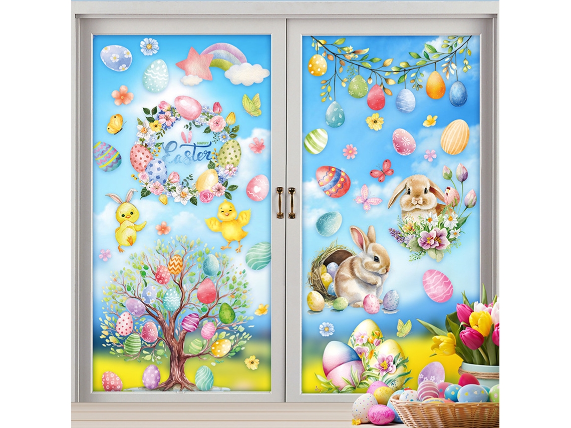Conjunto 9 Autocolantes Janela Páscoa - Adesivos Janela Reutilizáveis - Decoração Páscoa - Pvc - Colorido