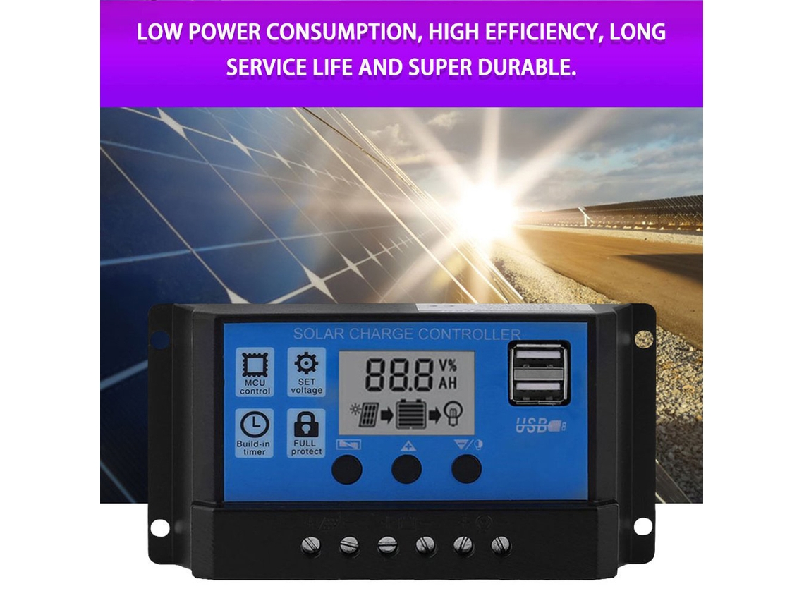 Controlador de painel solar PWM 100A com LCD e saída USB dupla para sistema de lâmpada de rua