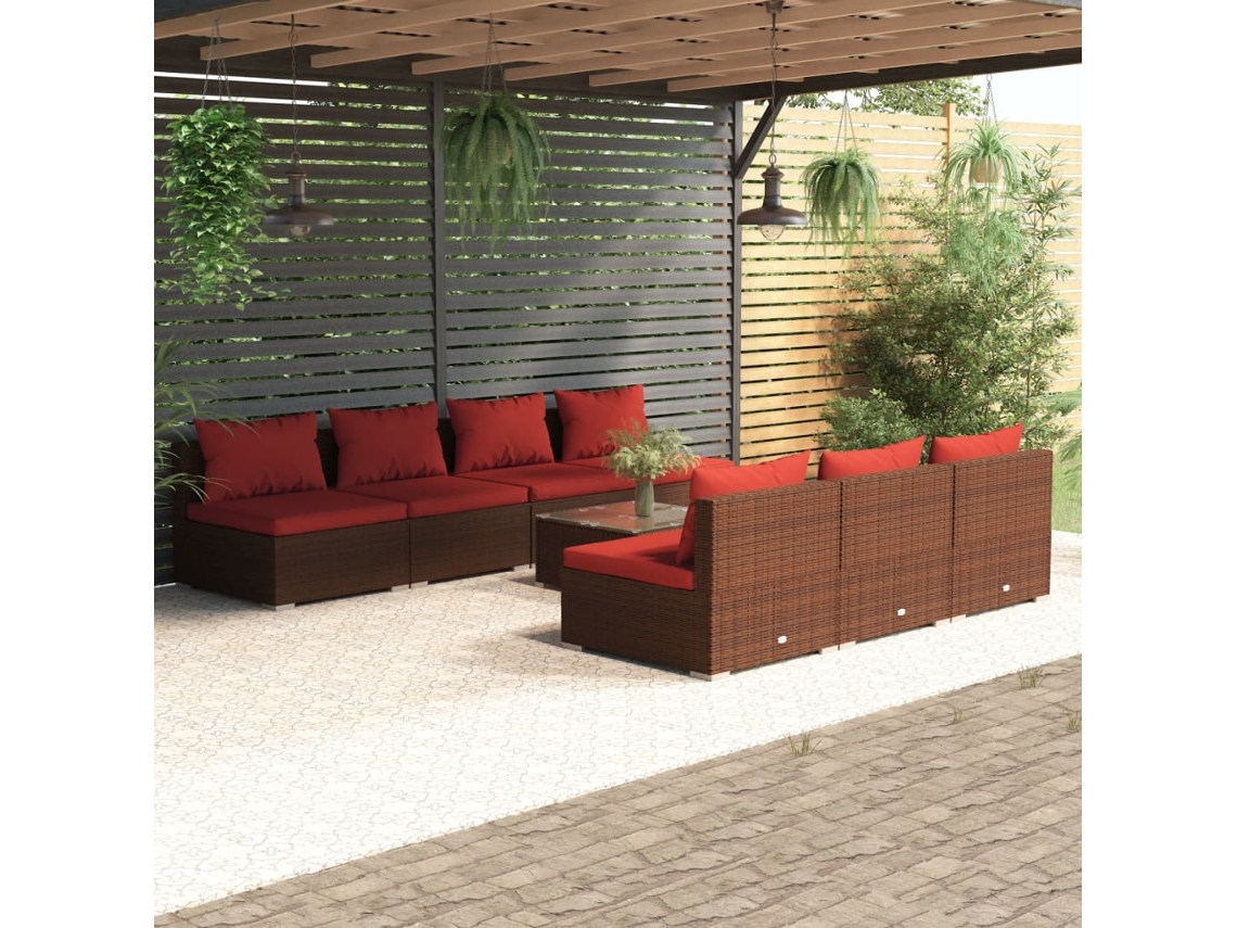 Vidaxl 8 Pcs Conjunto Lounge Jardim C/ Almofadões Vime Pe Castanho