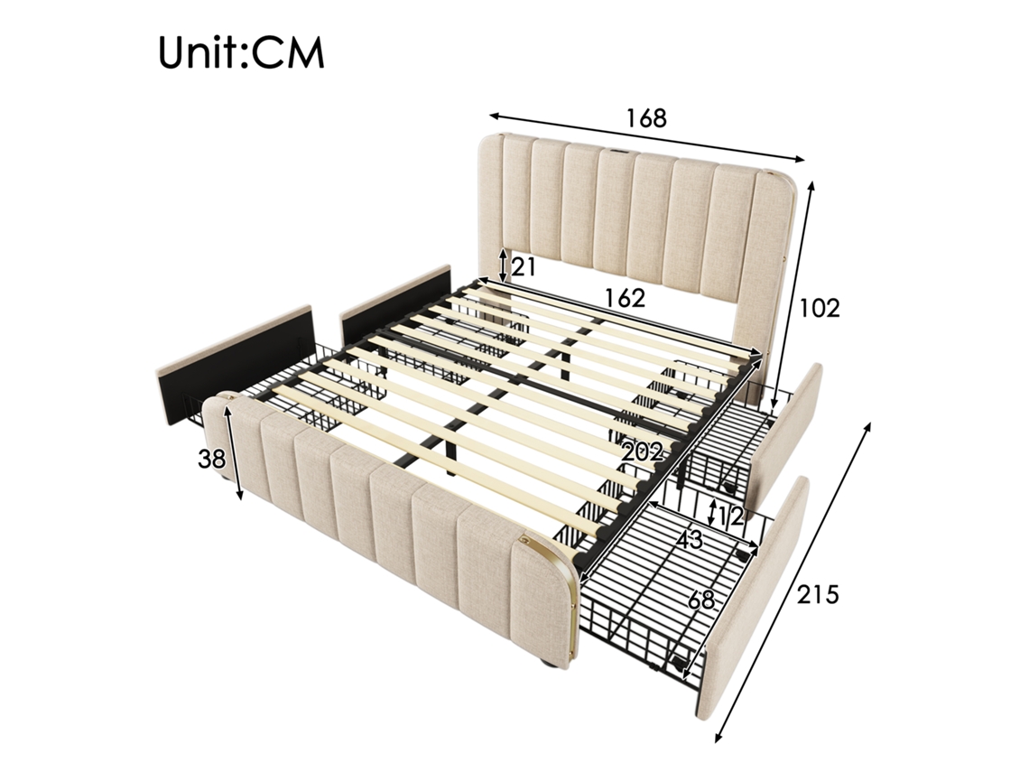 Cama Doble Tapizada De 160x200 Cm Con Cabecero Acolchado, Ribete Dorado, Puerto Usb-c, 4 Cajones, Ropa De Cama Beige, Con Colchón.