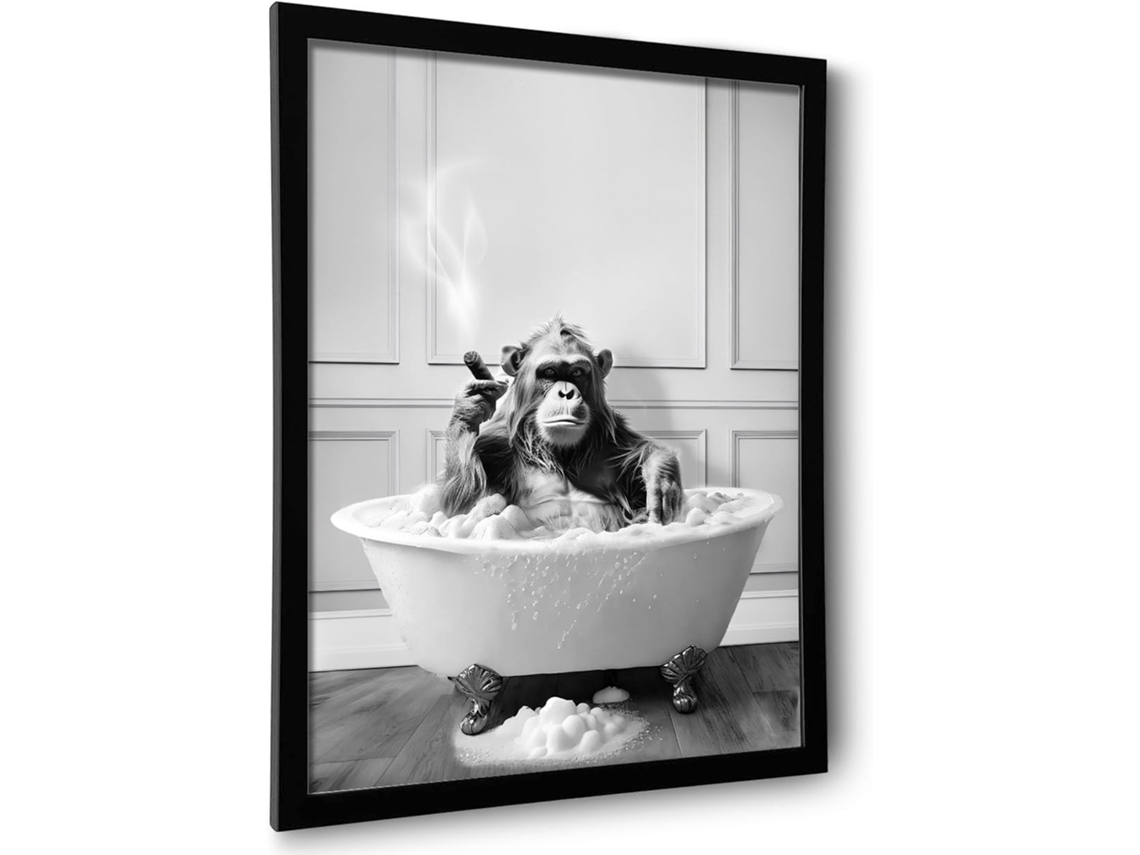 Arte De Parede Decorativa Emoldurada Para Banheiro, Chimpanzé Na Banheira, Arte De Parede Em Preto E Branco Zeuxo