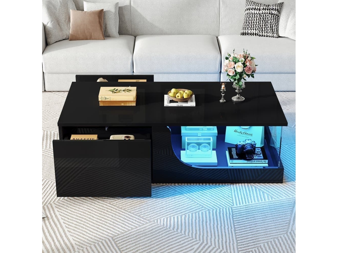 Mesa De Centro 100 X 50 X 30 Cm - Sofá Com 2 Gavetas, Mesa De Sala Com Led E Vidro Temperado - Preto