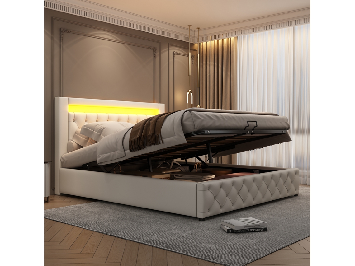 Cama Com Arrumação Estofada Funcional Ripas Espaço Iluminação Led Função Pangshiyuan Pele Sintética Branco (140x200)
