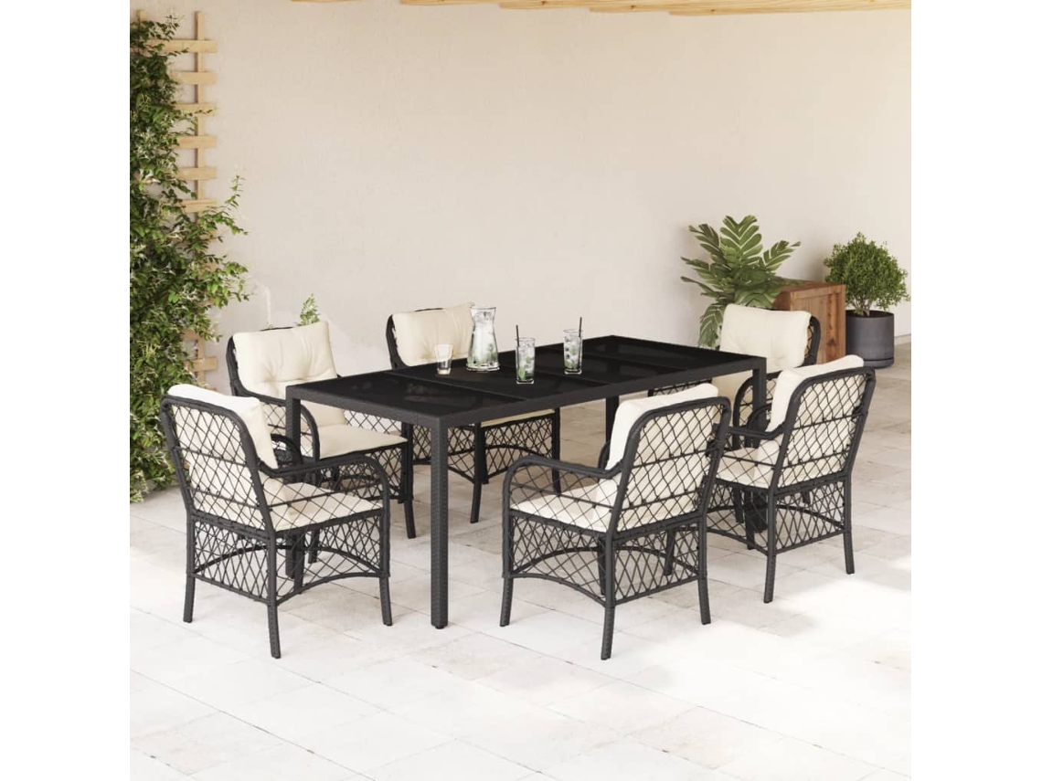 Vidaxl 7 Pcs Conjunto De Jantar P/ Jardim C/ Almofadões Vime Pe Preto