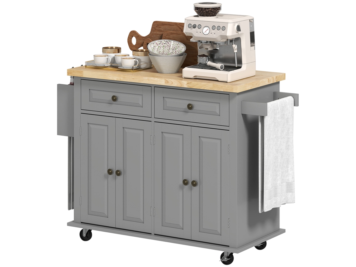 Ilha de Cozinha com Rodas 111x44,5x82,5 Cm com suporte de temperos, barra lateral cinza S/MARCA