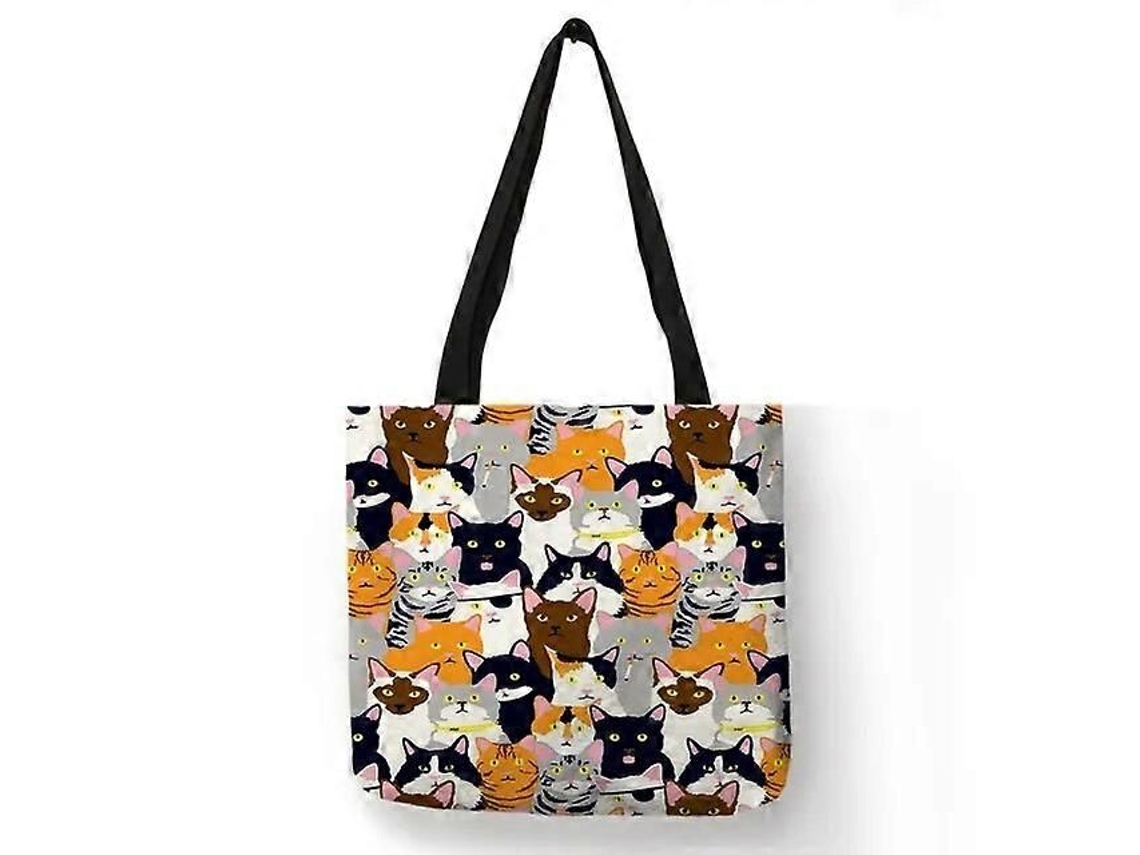 Bolsa de Compras Feminina com Estampa Floral Gatinho Desenho Animado, Ombro em Tecido Linho, Ec Ológica, Reutilizável e do GOKOCO