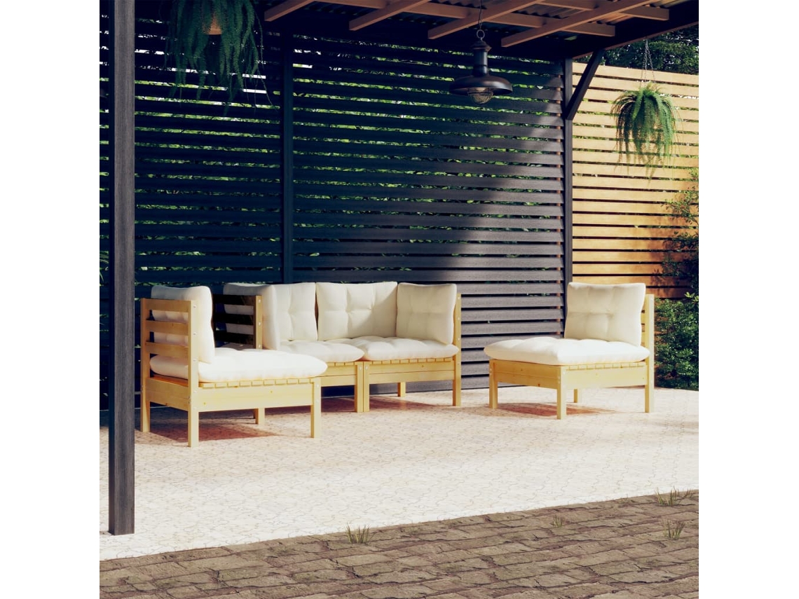 Vidaxl 4 Pcs Conjunto Lounge Jardim C/ Almofadões Creme Pinho Maciço