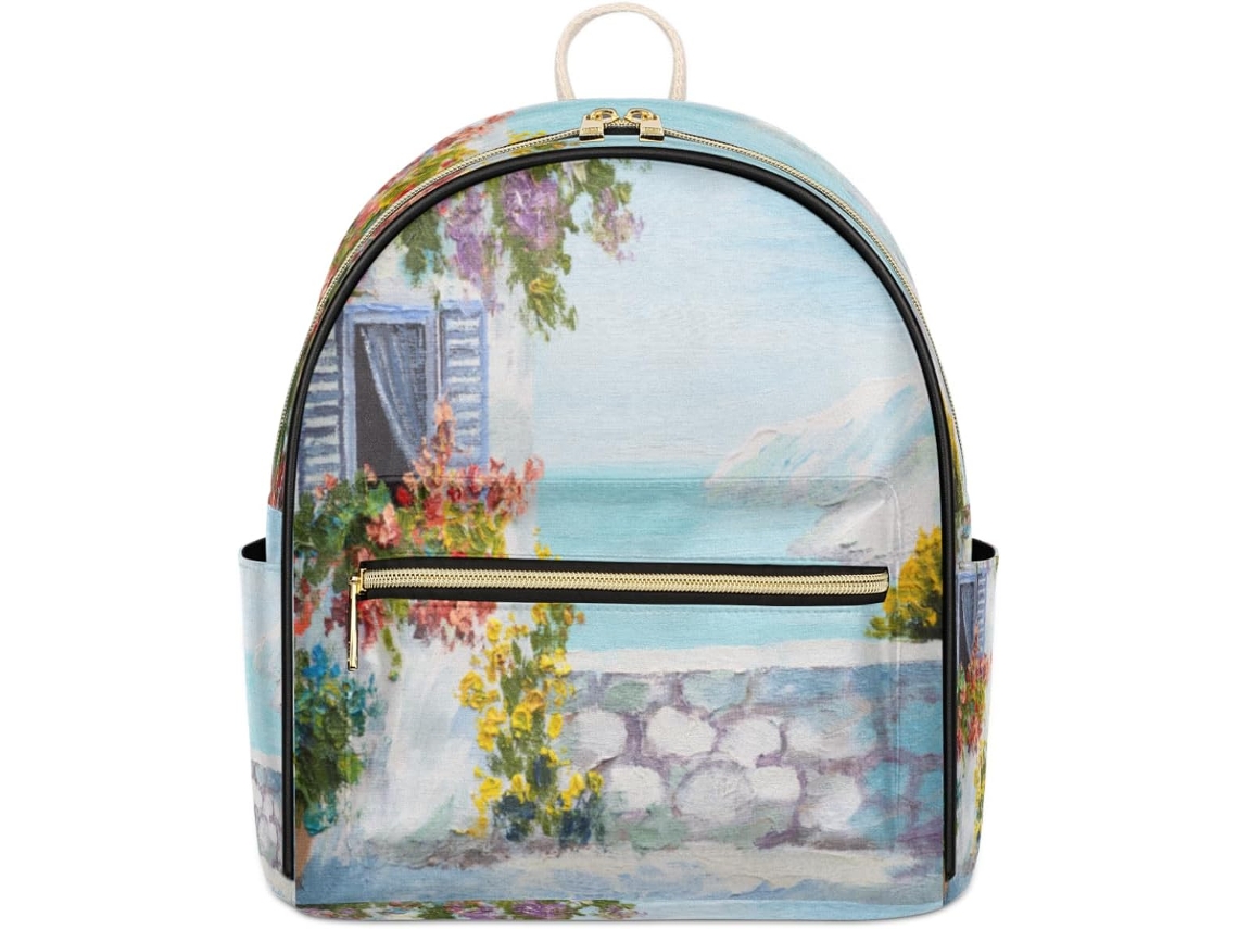Mochila Tropicallife em Couro com Pintura a Óleo para Mulher Design com Vá Estampas Pe Impermeável