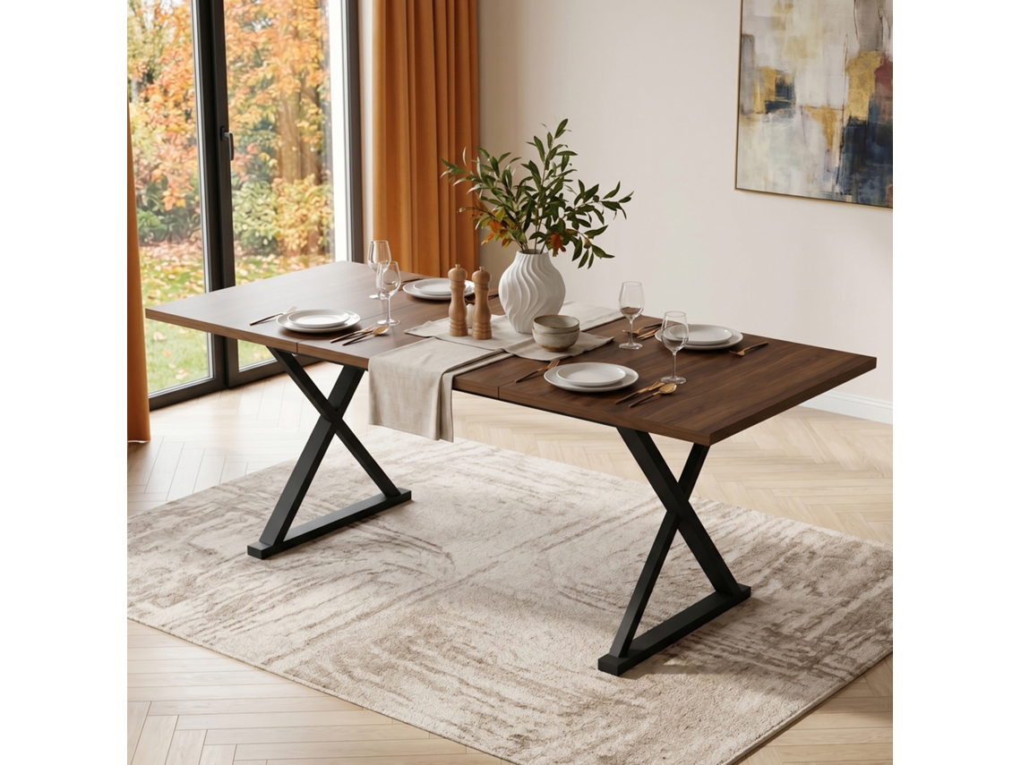 Mesa 180×90×75cm Estilo Moderno Robusta Pés Metálicos Para 6-8 Pessoas Tom Nogueira E Preto
