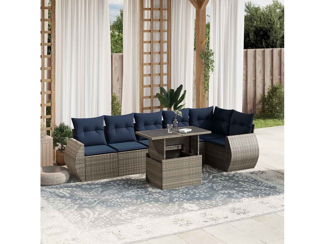 Vidaxl Conjunto De Sofá De Jardim Com 7 Peças E Almofadas Em Rattan Sintético Cinza