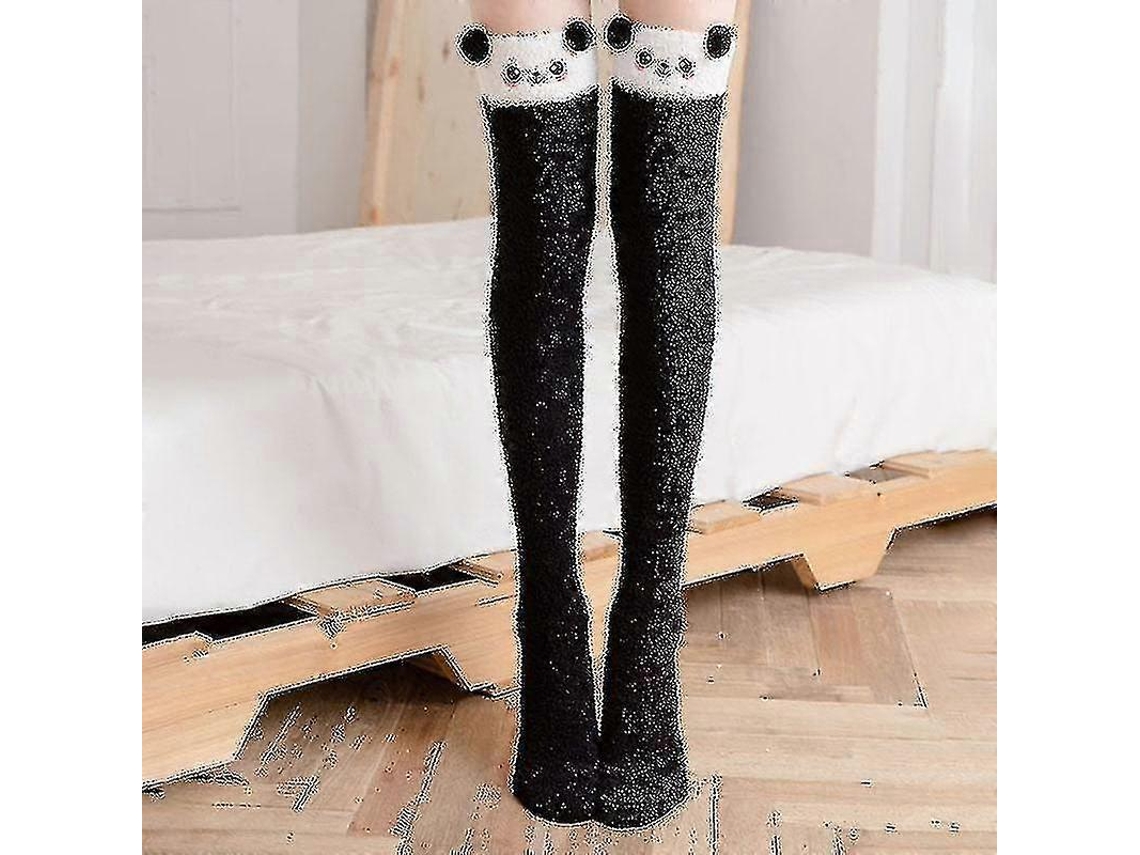 Meias De Lã Coral Macia Até O Joelho, Ideias Para O Inverno, Para Meninas E Mulheres. Meias Listradas Com Estampas De Animais Flufos E Desenhos Animados