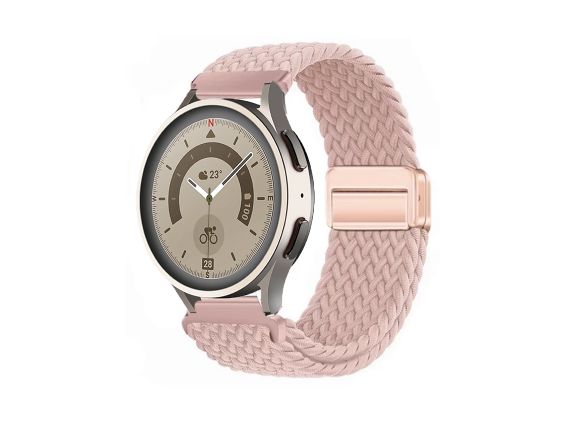 Pulseira esportiva elástica e respirável em nylon trançado com fecho magnético para Huawei GT6 GT5 Samsung Watch7 rosa