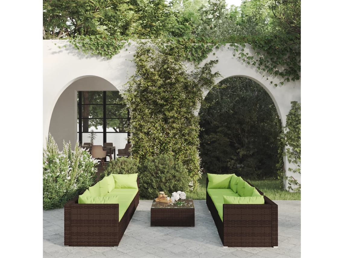 Vidaxl 9 Pcs Conjunto Lounge De Jardim C/ Almofadões Vime Pe Castanho
