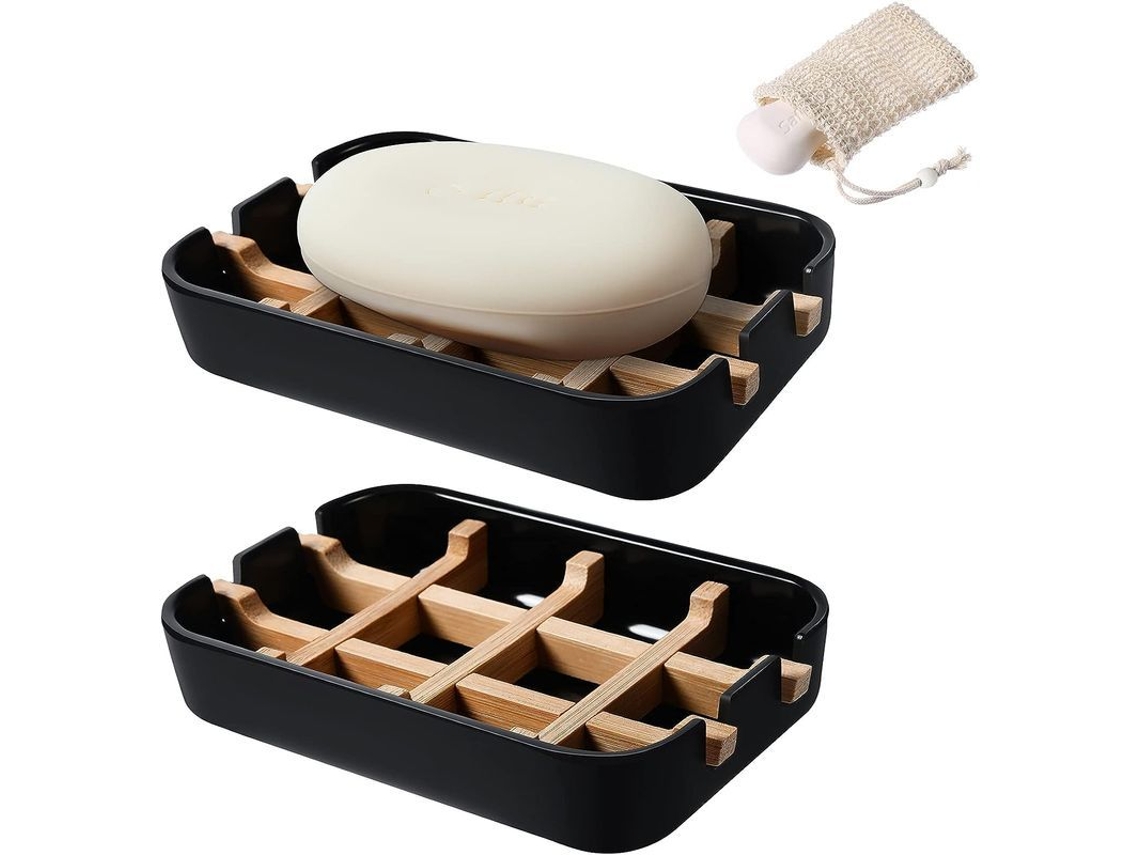 Travessas de Sabão em Bambu Preto, 3 Peças, Antibacteriano, Sem Água Parada, para Banheiro
