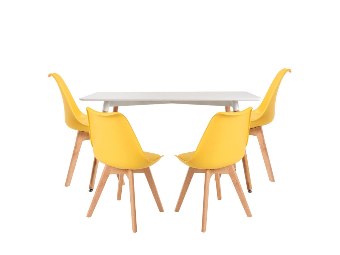 Conjunto Mesa Tower Retangular 120 X 80 Cm Branca E Pack 4 Cadeiras Synk Basic - Amarelo
