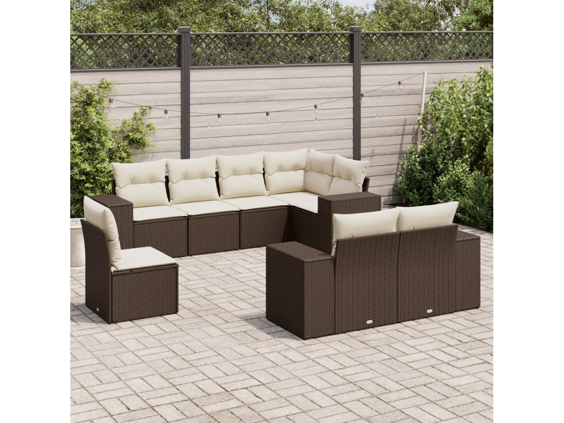 Vidaxl 8 Pcs Conjunto Sofás De Jardim C/ Almofadões Vime Pe Castanho