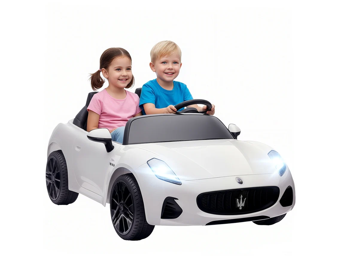 Carrinho Elétrico Musical Infantil, 2 Lugares, Alimentado por Bateria de 12V, Controle Remoto, Luzes de LED, Função Branca