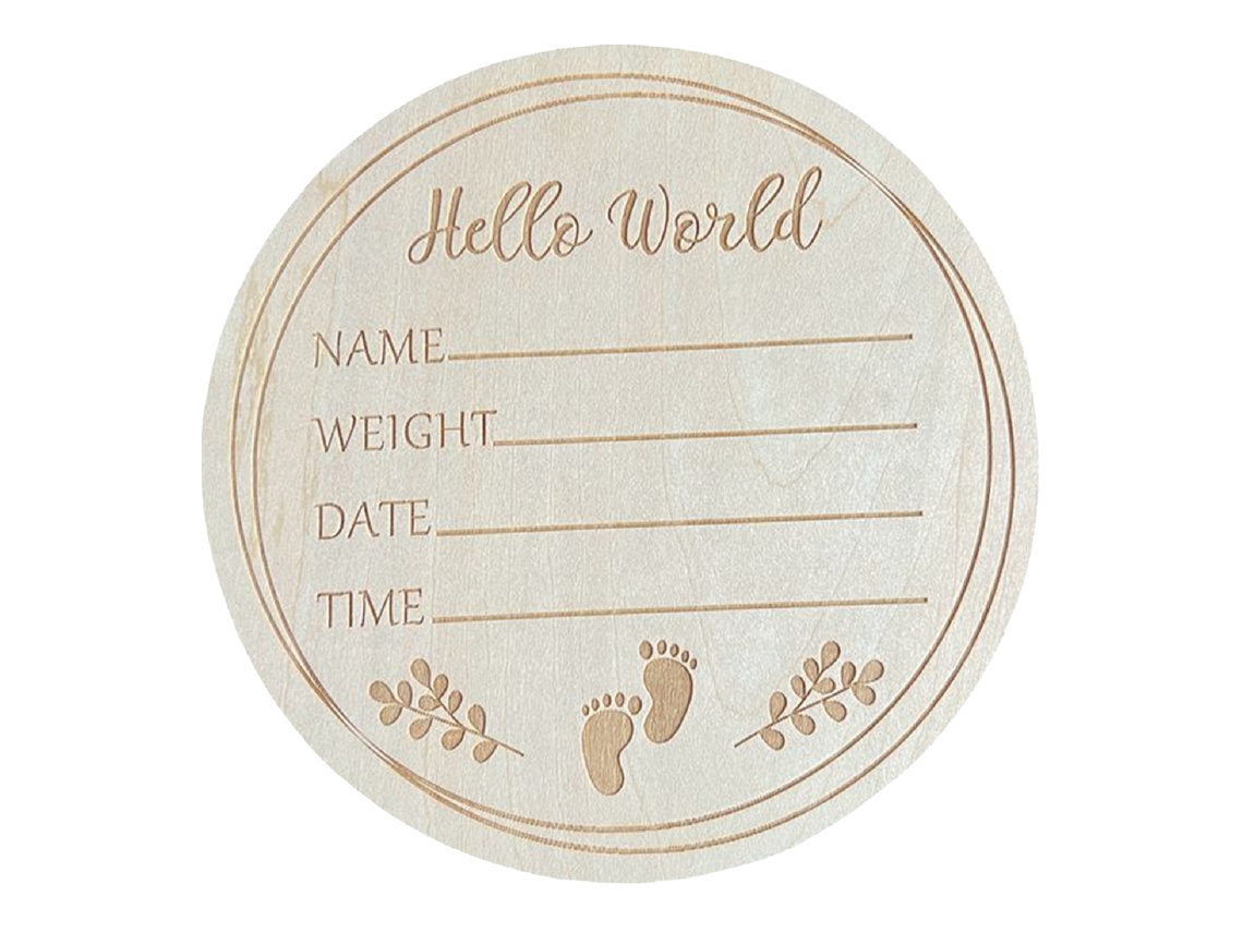 5.9in Sinal De Anúncio De Bebê Redondo De Madeira Basswood Hello World Para Creche