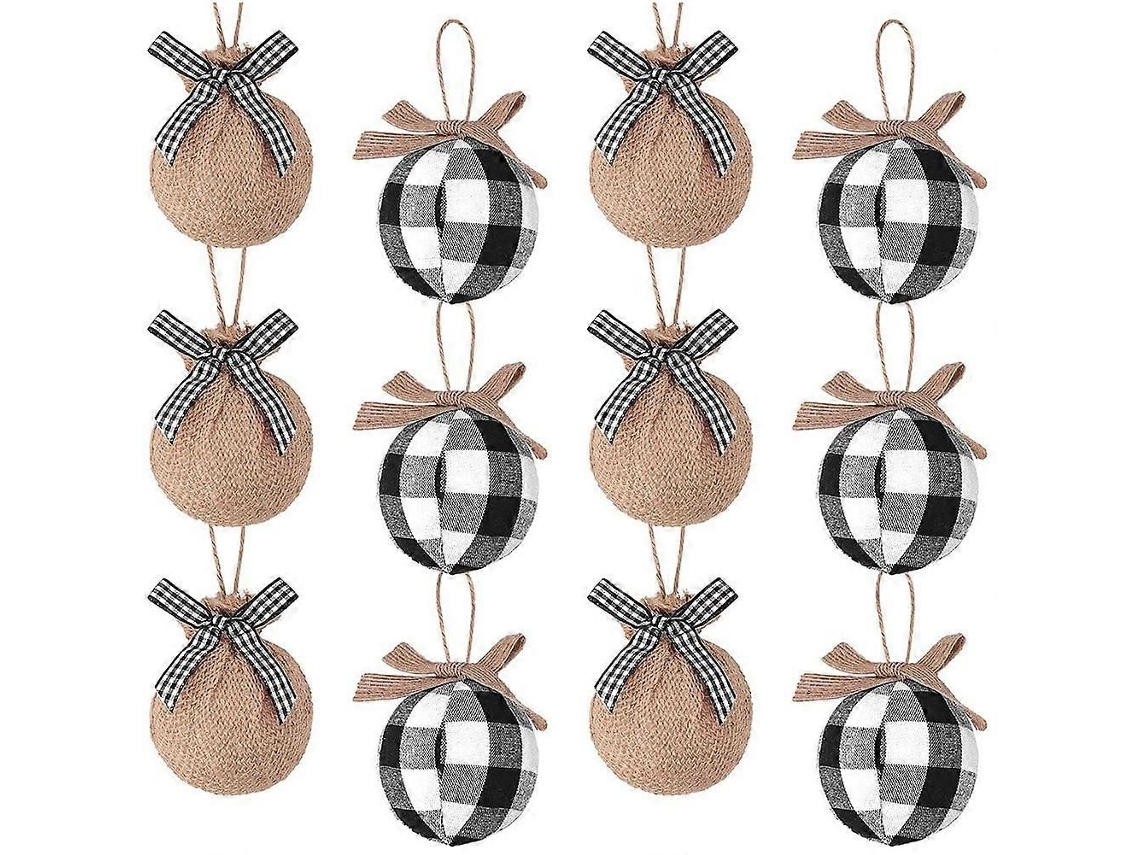 12 Enfeites De Árvore De Natal, 2,5 Polegadas, Xadrez Preto E Branco, Com Costura E Estopa, Decoração De Natal