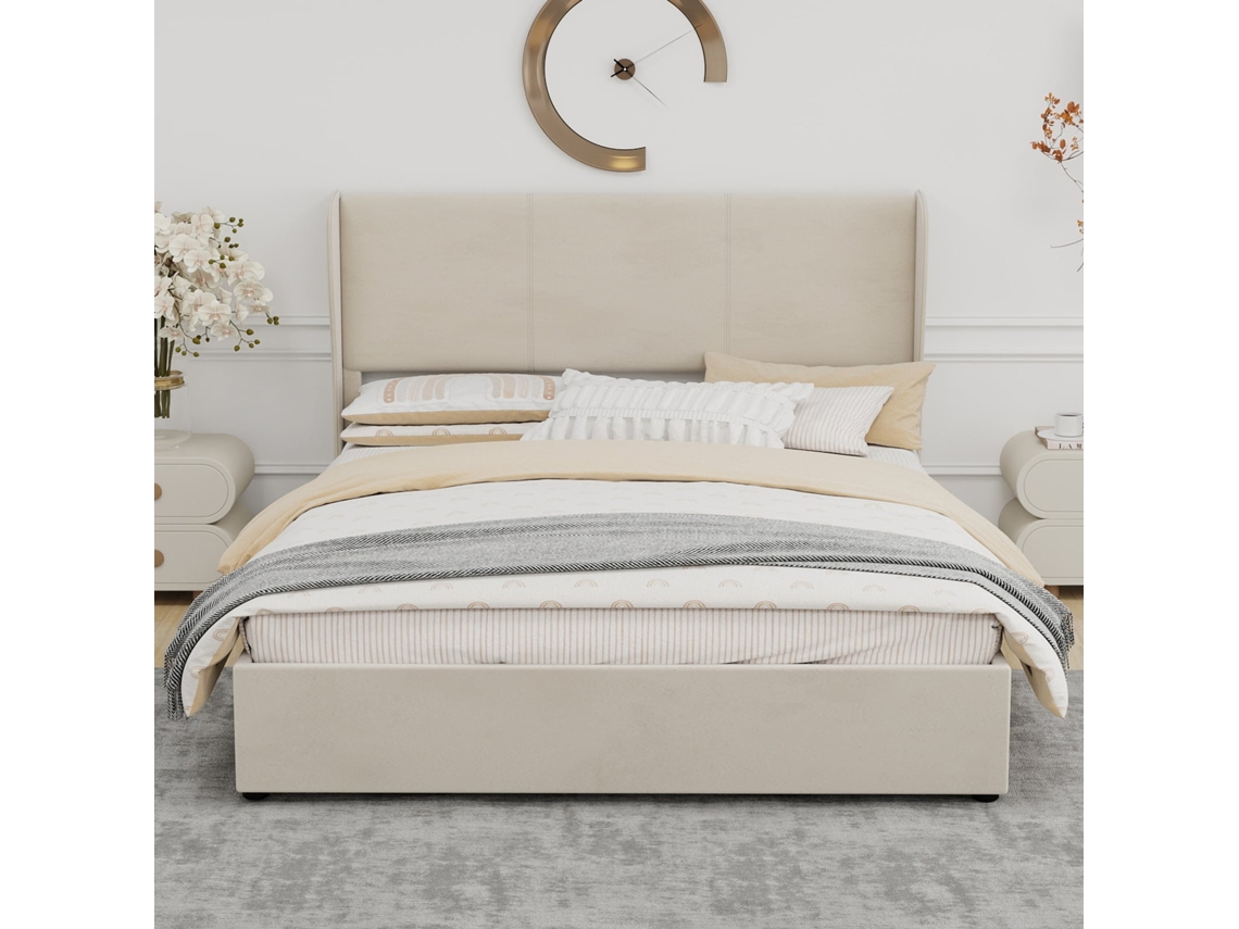 Cama Estofada 160x200 Elevação com Cabeceira Macia Bege