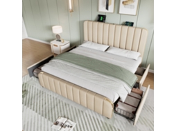 Cama Casal Bege 140x200 Cm, Debrum Dourado, 4 Gavetas, Elegante