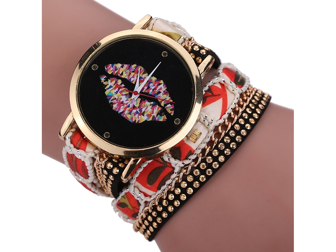 Relógio Pulseira Feminino Estilo Étnico Multicamadas Mostrador de Lábio Preto Quartzo (bege)