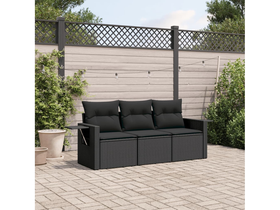 Conjunto de 3 Sofás de Jardim com Almofadões Vime Pe Preto Dkd Home Decor