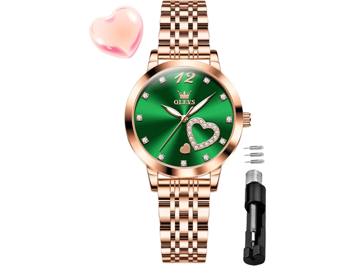 Lurelia Relógio Feminino, Movimento De Quartzo, Analógico, Luminoso, Detalhes Com Strass, Aço Inoxidável, Couro, Resistente À Água 30m, Verde, Dourado