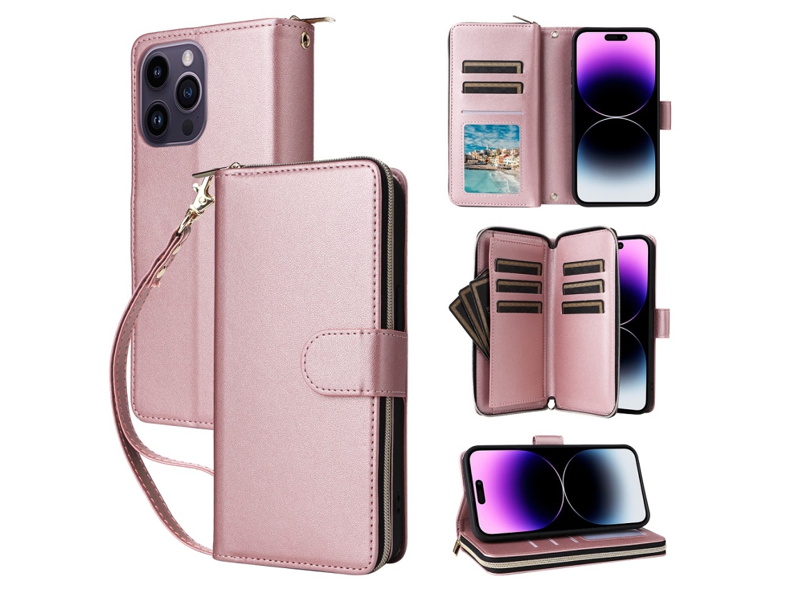 Capa Para Iphone 14 Pro Max Pele Sintética Com Porta-cartões Rosa