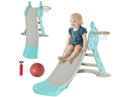Escorrega Infantil 140x87x85,5cm Azul e Cinza 2 em 1 Dobrável, Formato Girafa com Cesta de Basquete para Maiores de 18 Meses. Ge