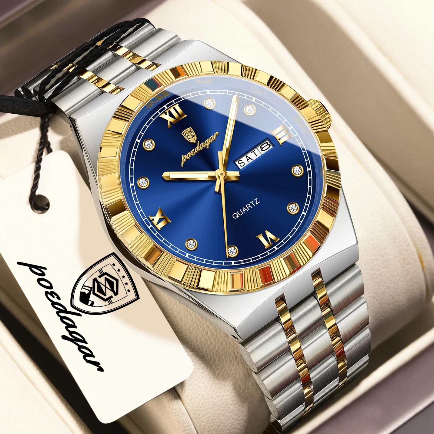 Relógio Masculino De Negócios (dourado E Azul), À Prova D'água, Luminoso, Com Dia E Data, Relógio De Pulso Masculino Elegante