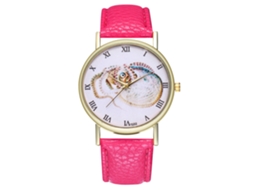 Relógio de pulso vintage de quartzo para mulheres e homens com pulseira de couro PU com estampa animal (vermelho e rosa)
