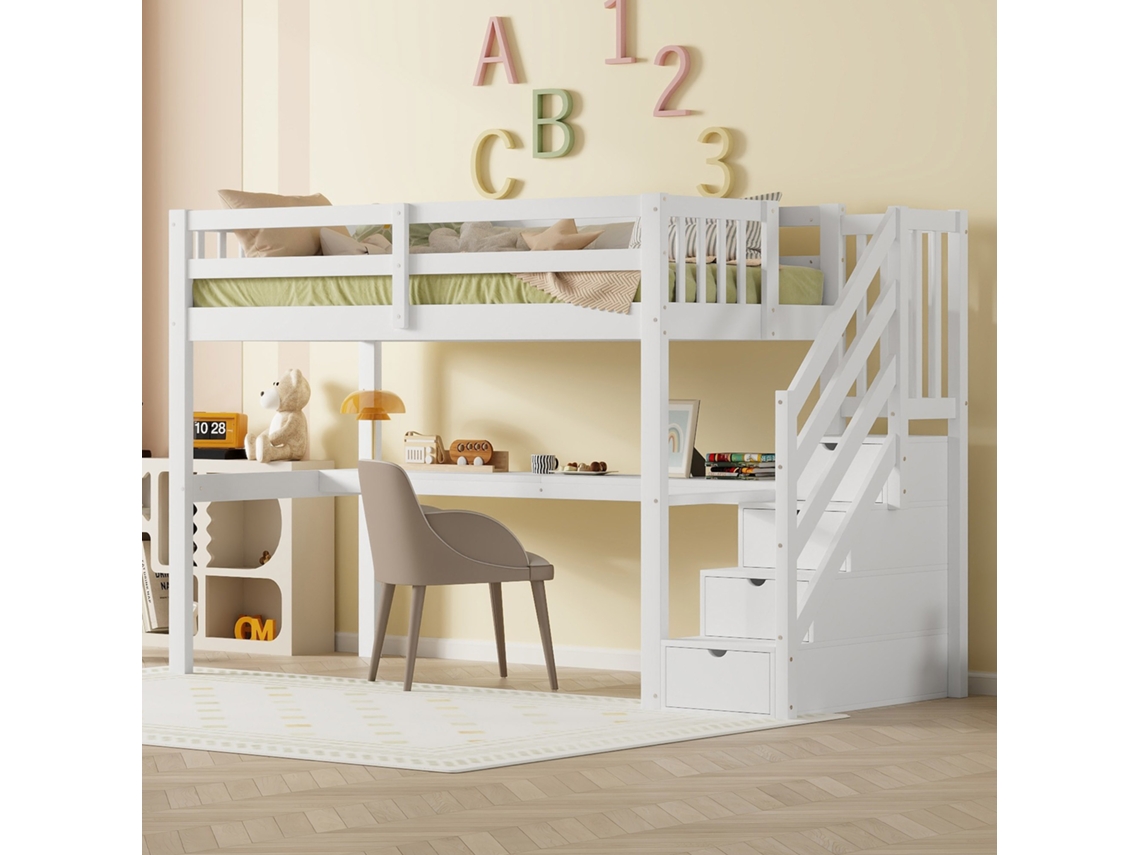 Cama Alta Infantil 90x200 Branca Com Gavetas Escrivaninha