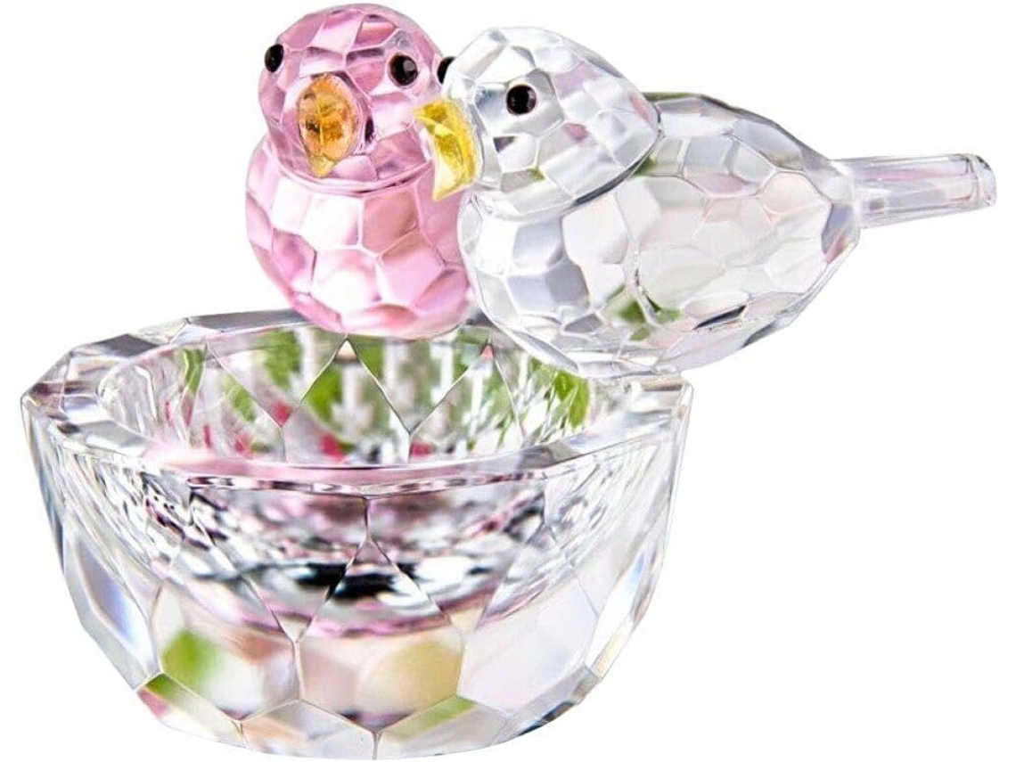 Enfeite de cristal com duas estatuetas de pássaros, ornamento de vidro, pássaro de papel colecionável.