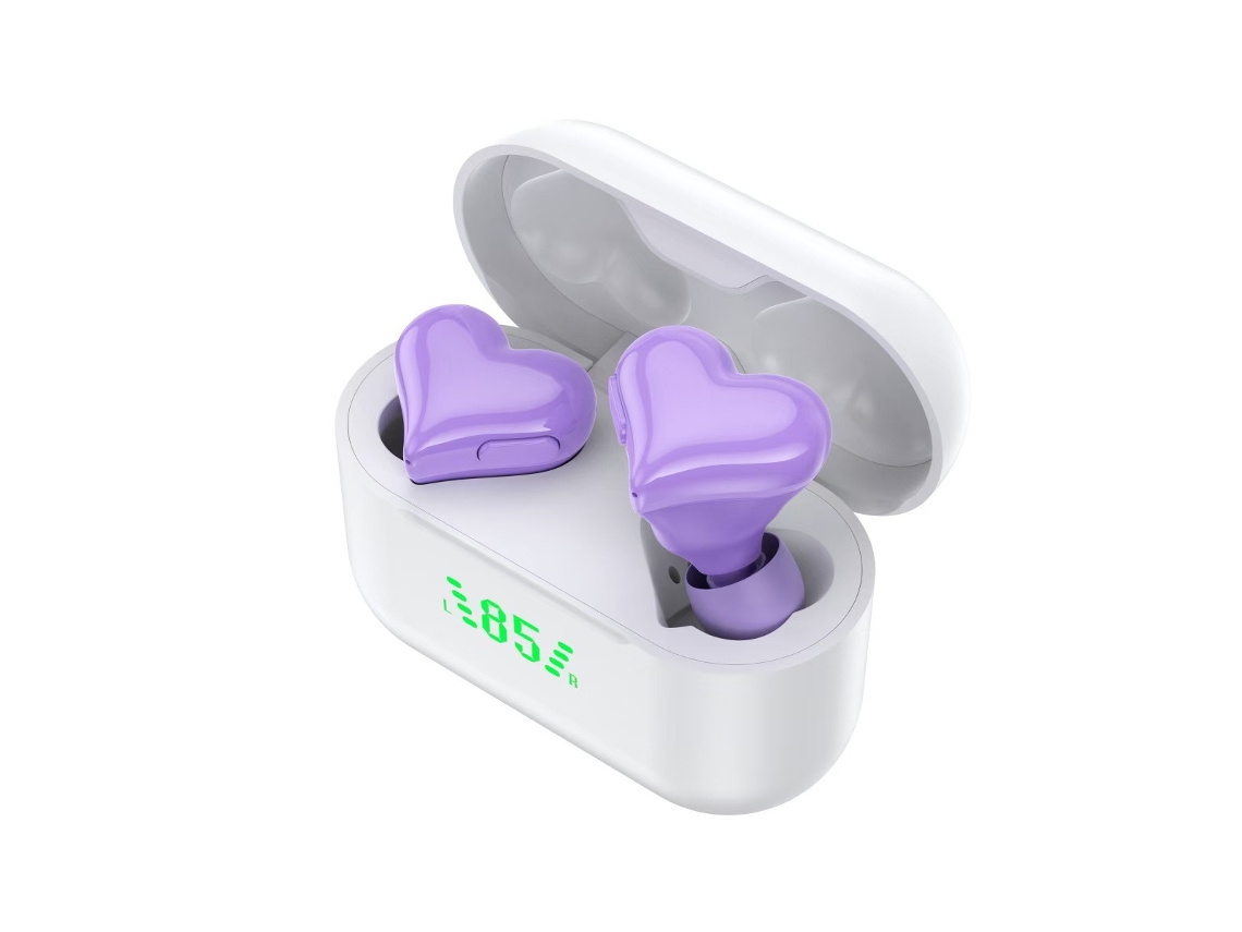 Fone Bluetooth Mini Sem Fio Em Formato De Coração Com Display De Bateria, Intra-auricular, Esporte, Cancelamento De Ruído - Roxo