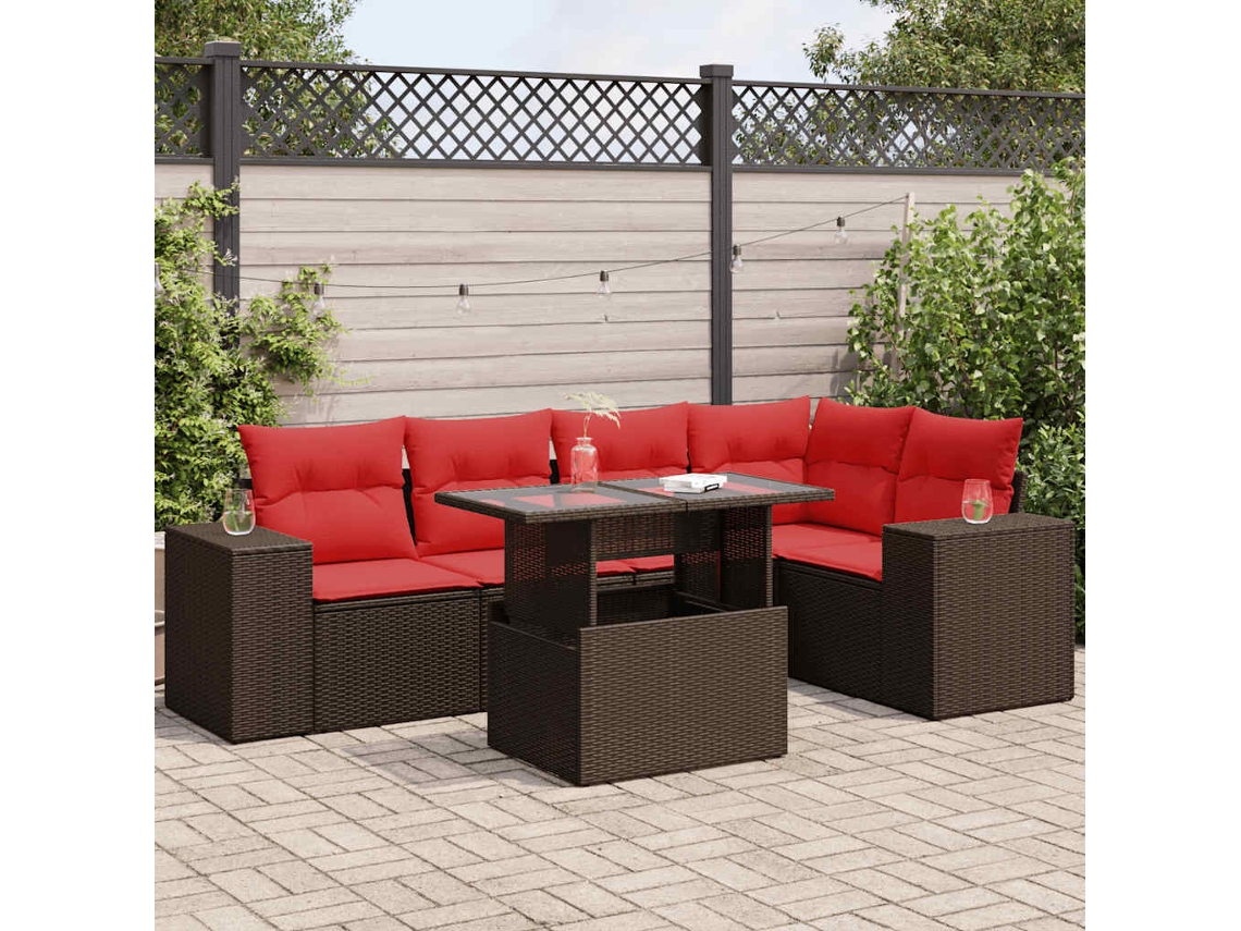 Vidaxl 6 Pcs Conj. Sofás Jardim C/ Almofadões Vime Pe/acácia Castanho