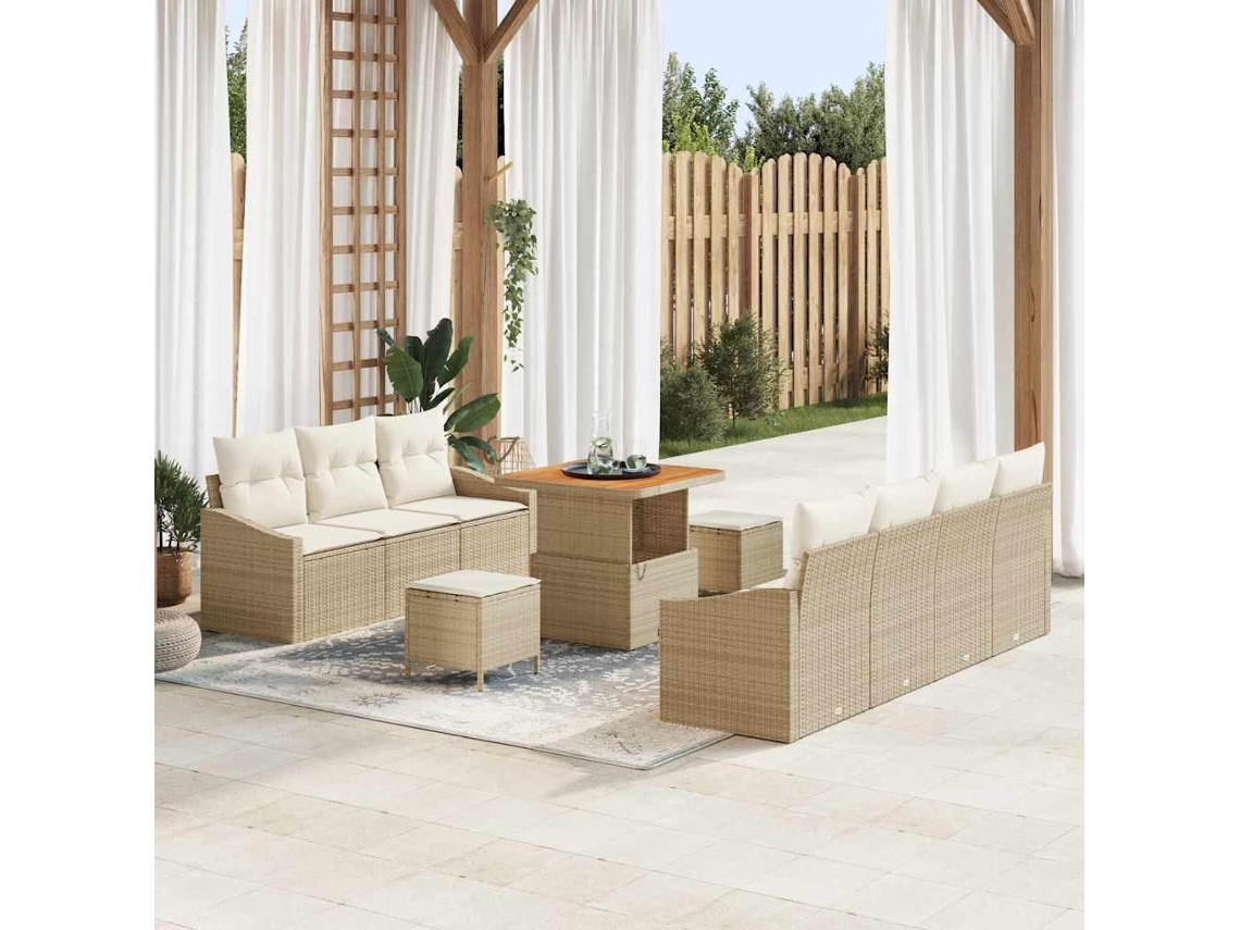 Vidaxl Conjunto De Sofá De Jardim Com Almofada 10 Pcs Bege Vime Pe