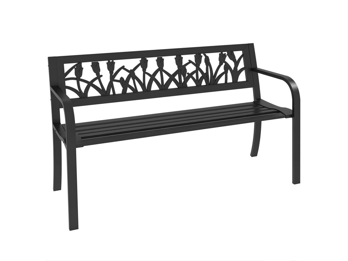 Banco de Jardim para 2 Pessoas em Aço com Encosto Decorado e Braços.125x50x75cm.preto