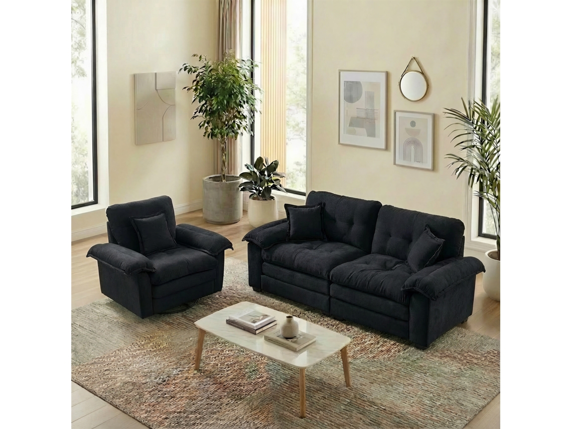 Conjunto De Sofás De 2 Peças Em Chenille, Poltrona E Sofá De 2 Lugares, Almofadas Duplas E Decorativas